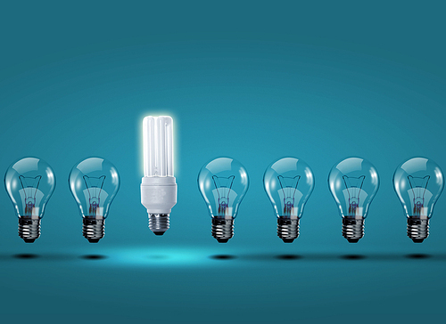 Image of a row of electric bulb with one different from the others
