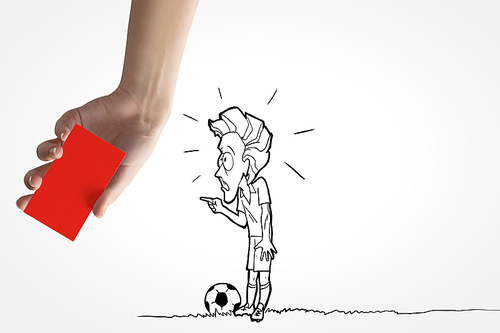 Caricature of football player and human hand showing red card