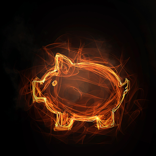 Glowing fire piggy bank icon on dark background