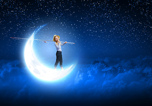 Cute girl standing on moon with fishing rod
