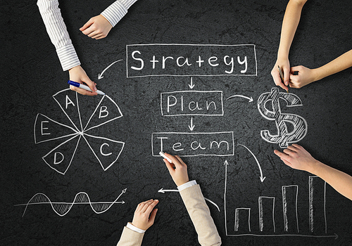 Top view of people hands drawing business strategy successful plan