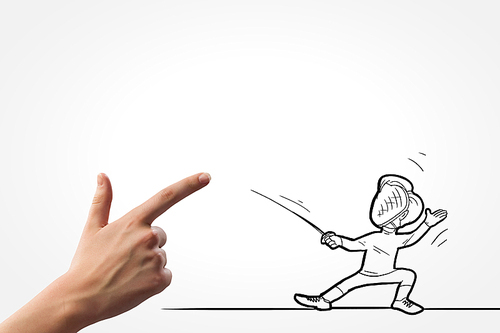 Funny caricature of man fencer fighting with human hand