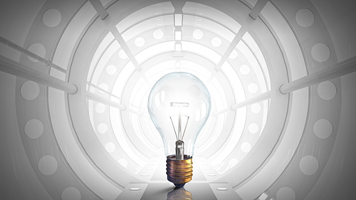 Modern 3d interior design with glass light bulb in center. Mixed media