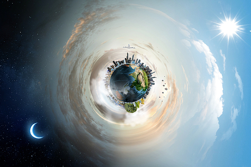 Planet earth against blue cloudy sky background. Elements of this image furnished by NASA.