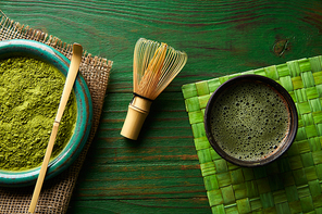 Matcha tea powder bamboo whisk chasen and spoon for japanese ceremony