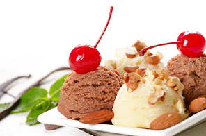 Cocoa and vanila ice cream dessert on white plate