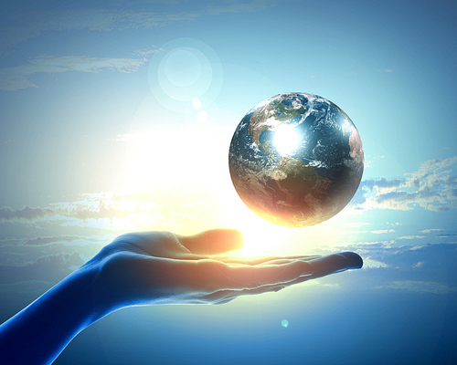 Image of hand holding earth planet against illustration background