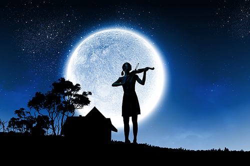 Silhouette of woman playing violin at night