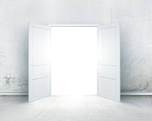 Conceptual image of white opened door. Perspective