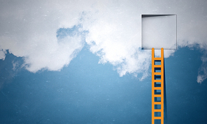 Imaginary image of ladder leading to square door in sky
