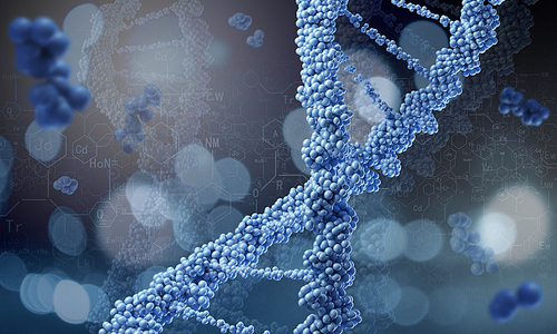 Biochemistry science concept with DNA molecules on blue background