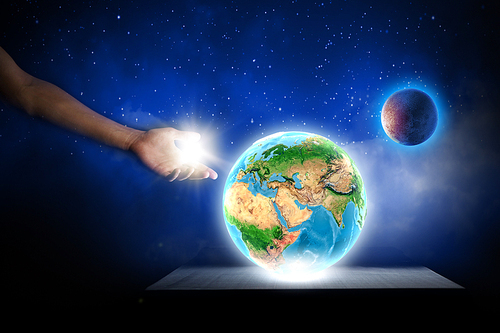 Close up of human hand holding Earth planet. Elements of this image are furnished by NASA