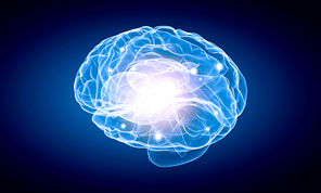 Science image with human brain on blue background