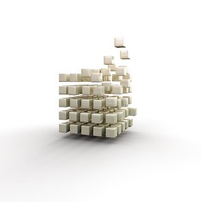 Futuristic concept with disintegrating cube on white background