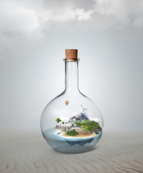 Corked glass bottle with beautiful island and sea inside. Confidence, stability, insurance concept