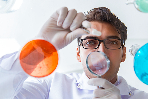 Chemist working in the laboratory with hazardous chemicals