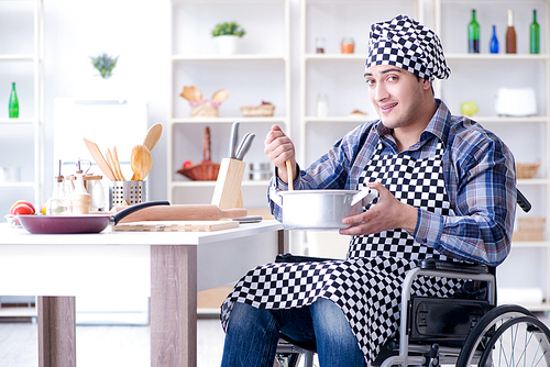 Disabled man preparing soup at kitchen