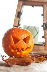 Halloween pumpkin and lantern with candle on white background