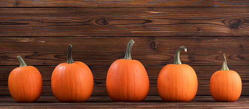 five orange pumpkins in a row on dark wooden background,  concept