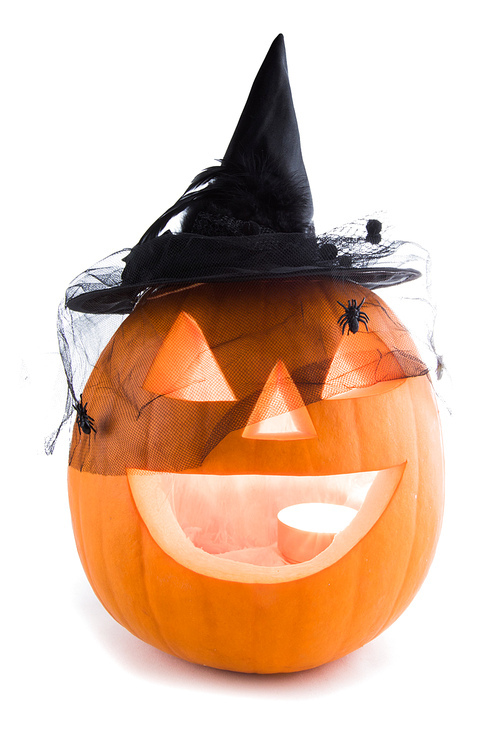Jack O Lantern Halloween pumpkin with witches hat isolated on white