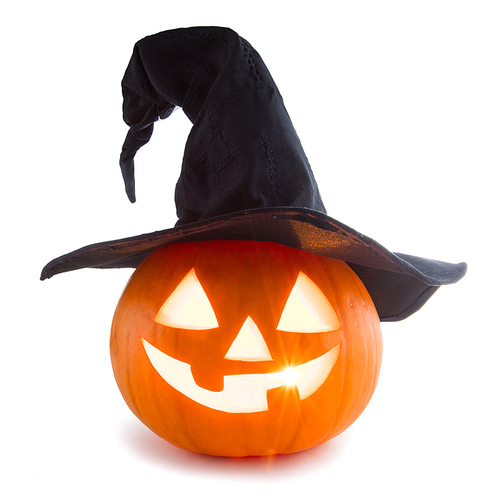 jack o lantern halloween pumpkin with witches hat isolated on white