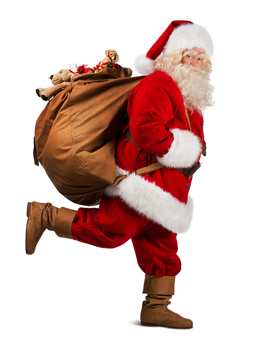 Santa Claus on the run to delivery christmas gifts isolated on white