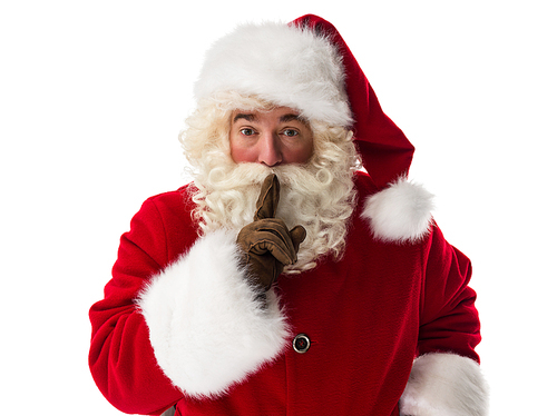 Santa Claus holding, finger on mouth - silence gesture - Closeup Portrait. Isolated on White Background