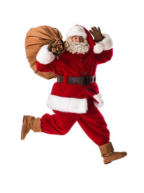 Santa Claus Portrait running with sack Isolated on White Background