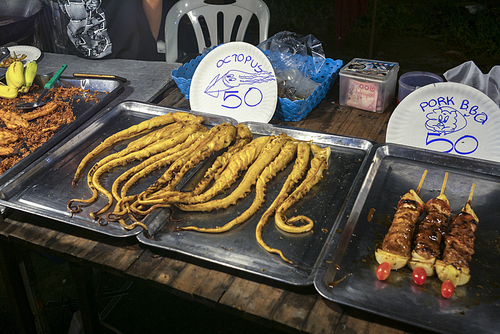 Cooked food on trays in restaurant, Koh Samui, Surat Thani Province, Thailand