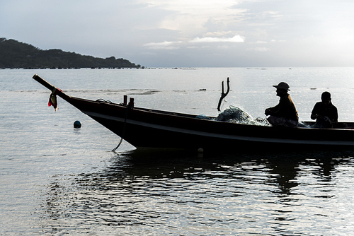 Two fishermen in boat, Koh Samui, Surat Thani Province, Thailand