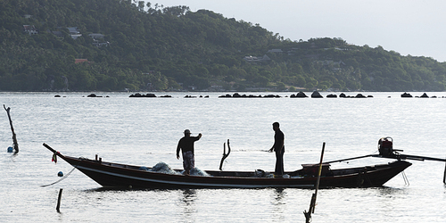 Two fishermen in boat, Koh Samui, Surat Thani Province, Thailand