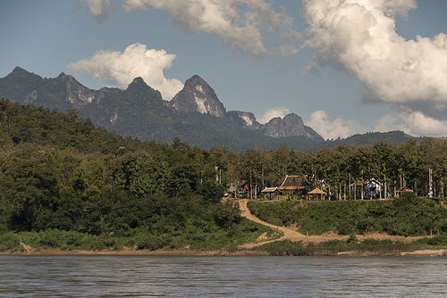 River with mountain range in background, River Mekong, Oudomxay Province, Laos