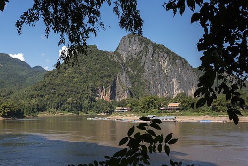 River with rocky mountains in background, River Mekong, Pak Ou District, Luang Prabang, Laos