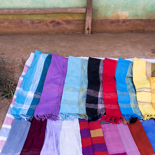 Close-up of shawls for sale, Sainyabuli Province, Laos