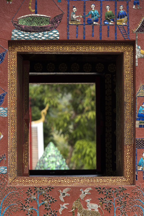 Close-up of window of temple, Wat Xieng Thong temple, Luang Prabang, Laos