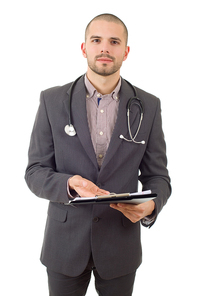 happy male doctor, isolated on white