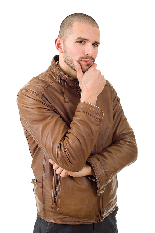 young casual man thinking, isolated on white