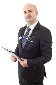 happy male doctor, isolated on white