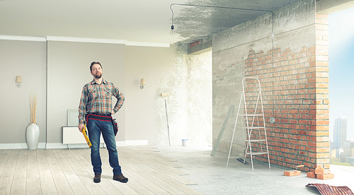 Builder man in checked shirt with tool belt on waist. Mixed media