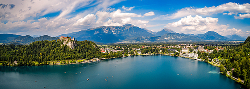 Slovenia - Panorama Aerial view resort Lake Bled. Aerial FPV drone photography.