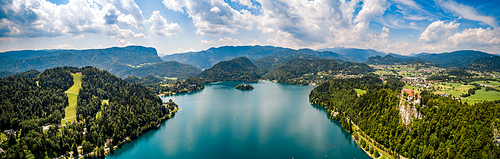 Slovenia - Panorama Aerial view resort Lake Bled. Aerial FPV drone photography.
