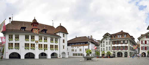 Panorama City Hall Square in Thun, Switzerland 23 july 2017