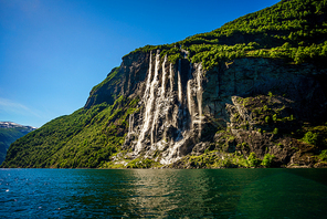 Geiranger fjord, waterfall Seven Sisters. Beautiful Nature Norway natural landscape.