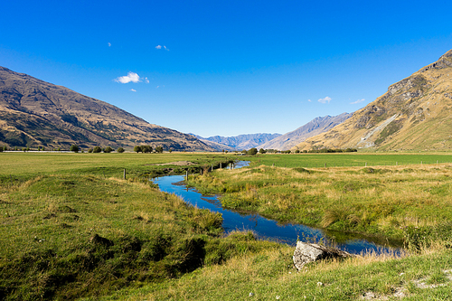 Natural landscape of New Zealand alps and stream