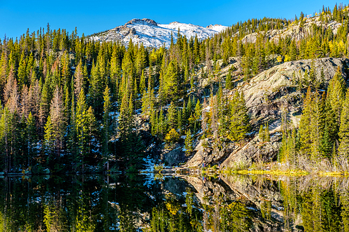 Bear Lake and reflection with mountains in snow around at autumn. Rocky Mountain National Park in Colorado, USA.