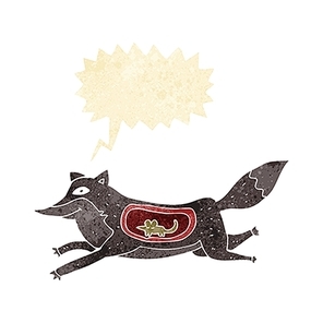 cartoon wolf with mouse in belly with speech bubble