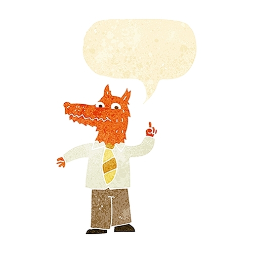 cartoon business fox with idea with speech bubble