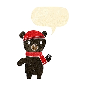cartoon waving black bear with speech bubble