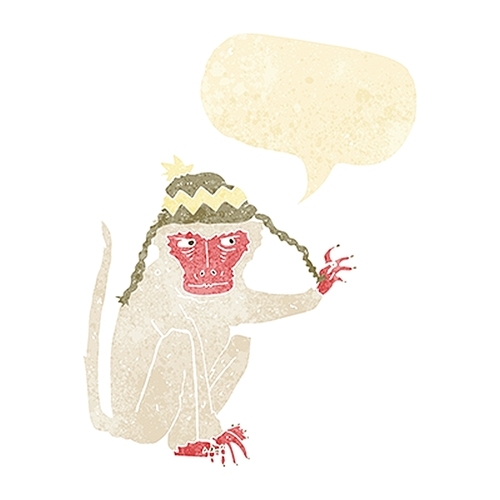 cartoon monkey wearing hat with speech bubble