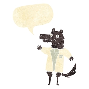 cartoon wolf businessman with speech bubble